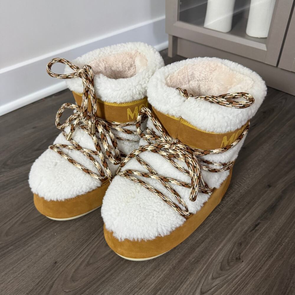 Moon Boot Icon Low Shearling Trim Wool 42/44 NEW Whiskey Brown Ivory Booties - Picture 2 of 8